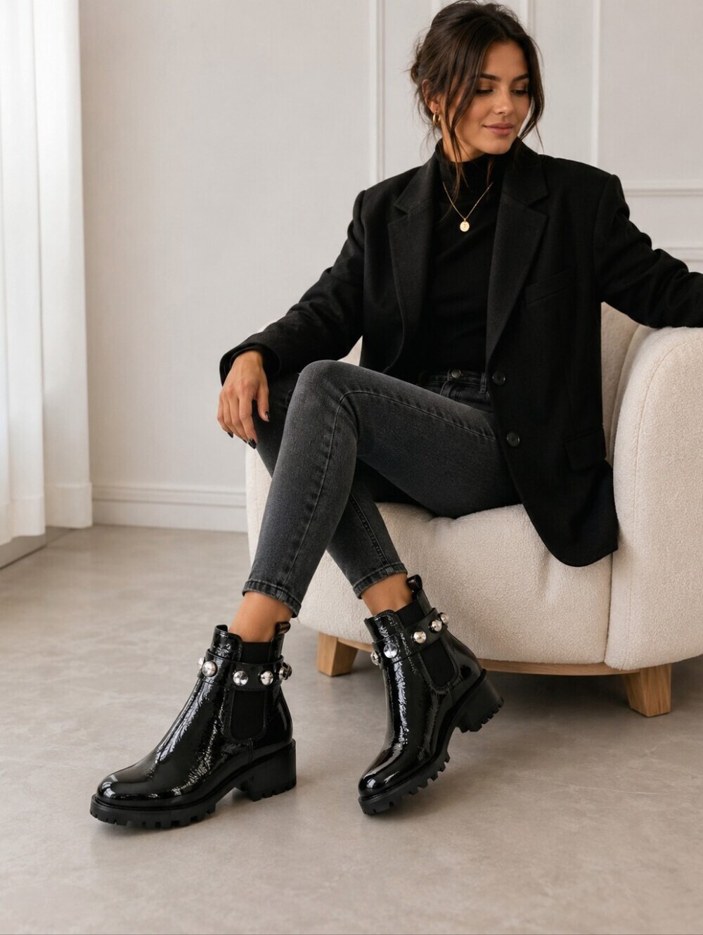 Karl Lagerfeld Paris Porshay Black Studded Patent Leather Ankle Boots Size 5.5